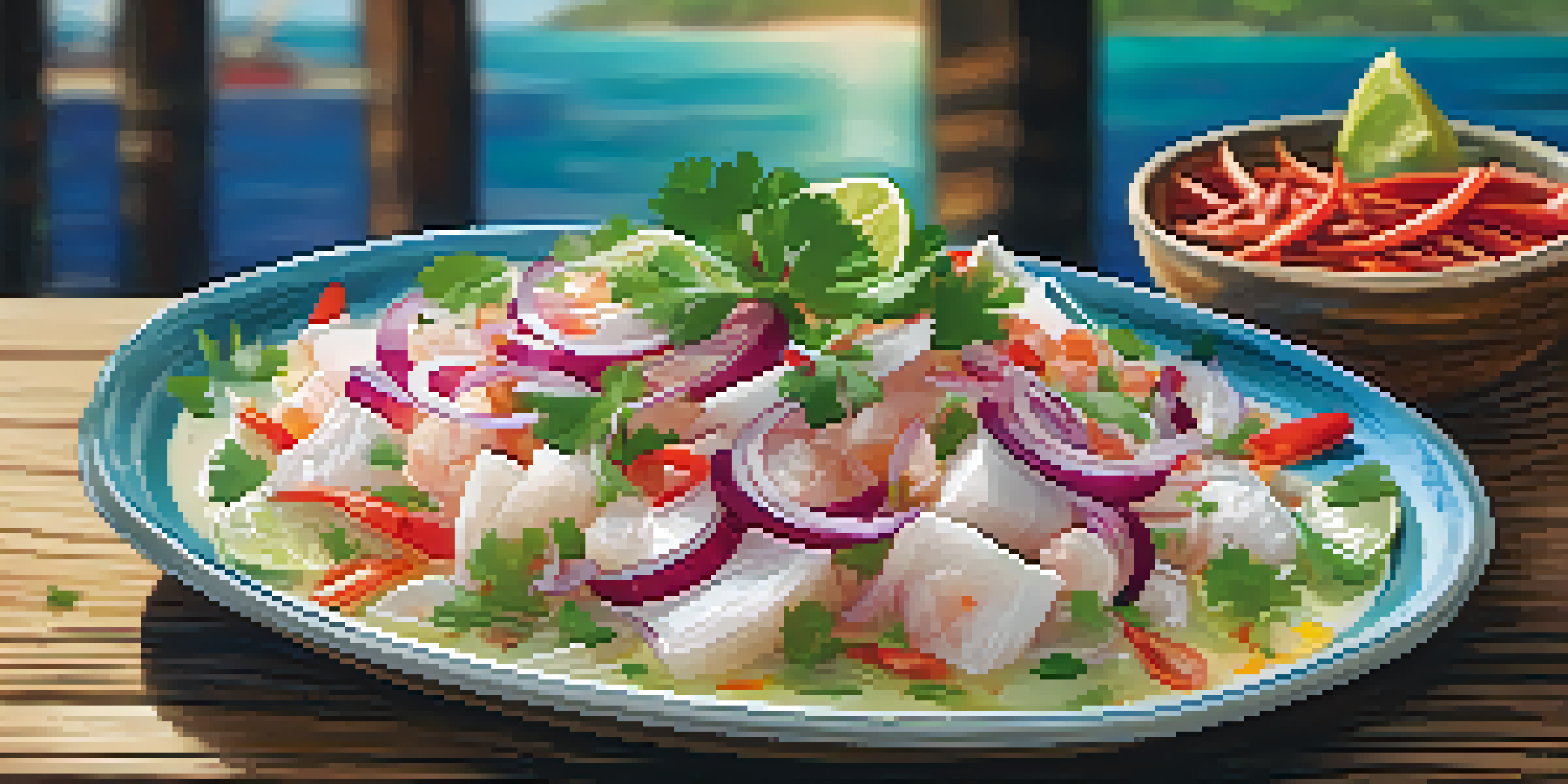 A plate of ceviche with fresh fish, red onions, cilantro, and chili peppers, set on a wooden table with natural lighting.