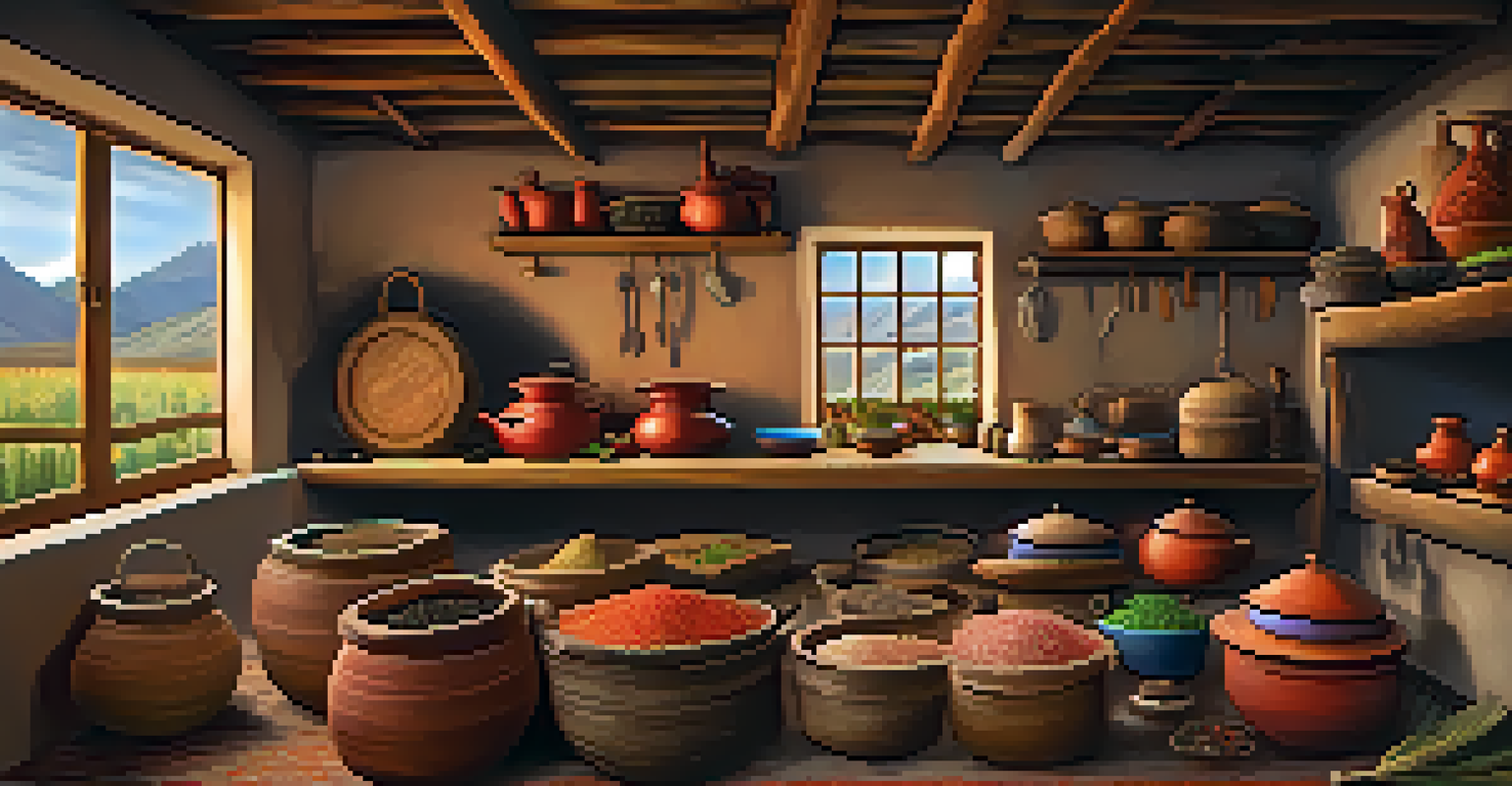 A traditional Andean kitchen displaying indigenous cooking techniques, with rustic pots, local ingredients, and warm natural lighting.