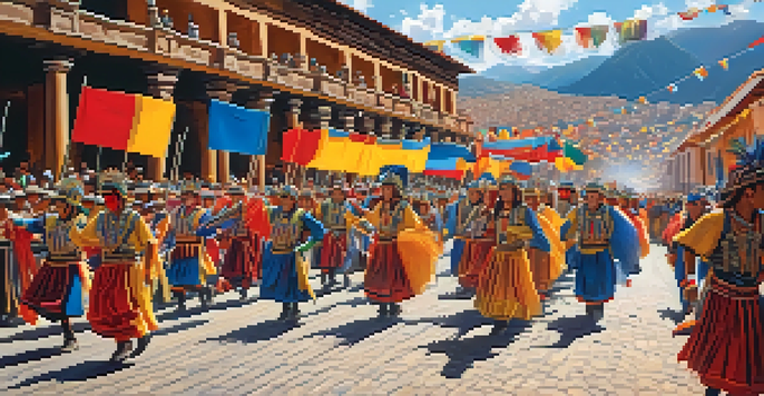 A colorful procession during the Inti Raymi festival in Cusco, with participants in traditional costumes and bright sunlight.
