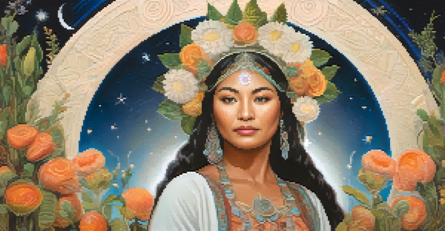 An artistic depiction of the moon goddess Mama Quilla, surrounded by symbols of fertility and the moon in various phases.