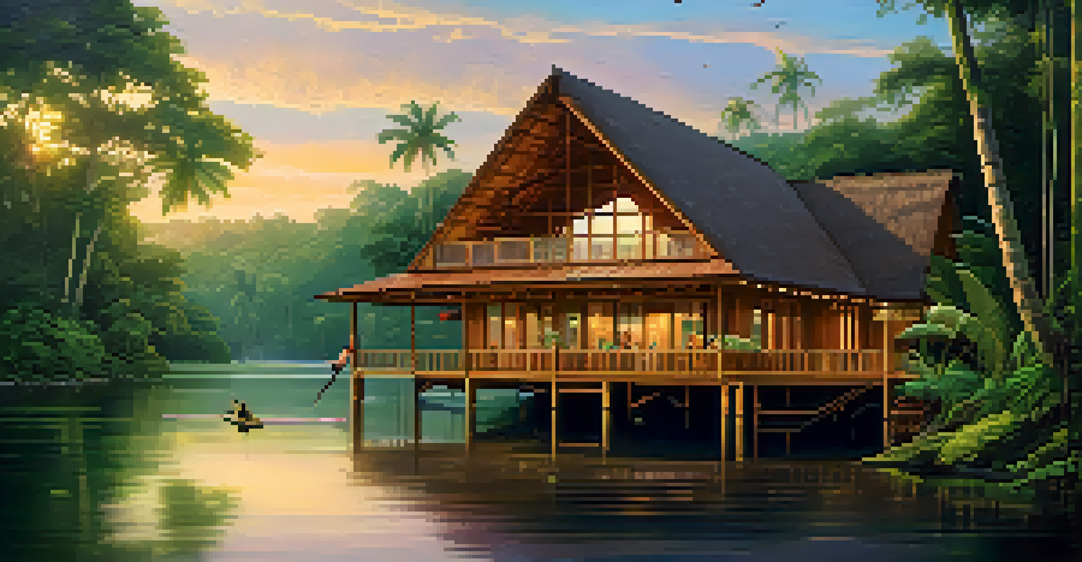 A beautiful luxury lodge in the Amazon rainforest with wooden architecture and guests canoeing in a serene waterway.