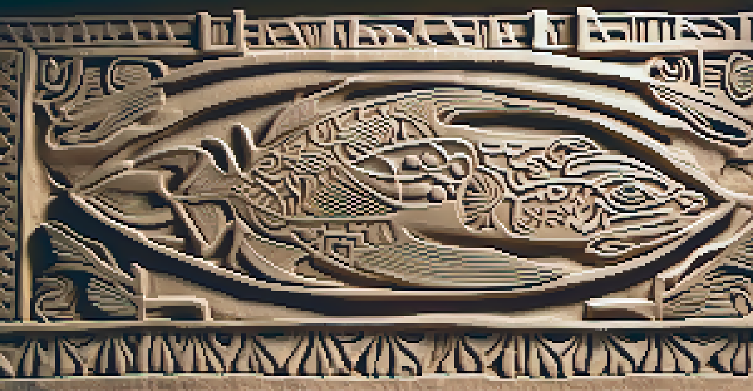 A close-up view of a decorative relief on an adobe wall in Chan Chan, depicting detailed carvings of fish and birds with sunlight casting shadows that enhance the intricate designs.