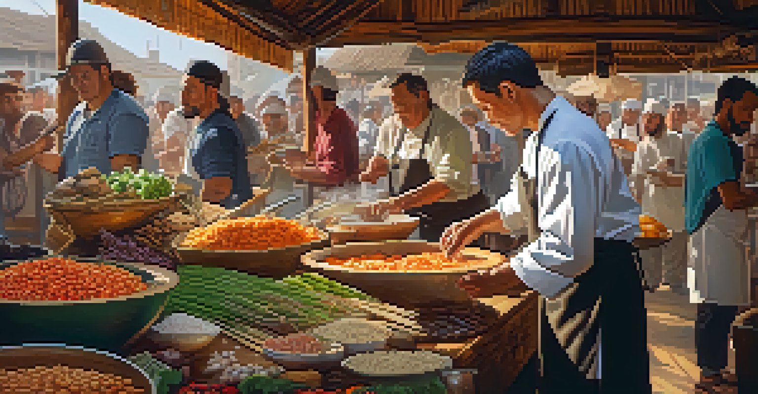 A chef demonstrating traditional cooking with unique ingredients in a bustling market, with onlookers and vibrant local goods in the background.