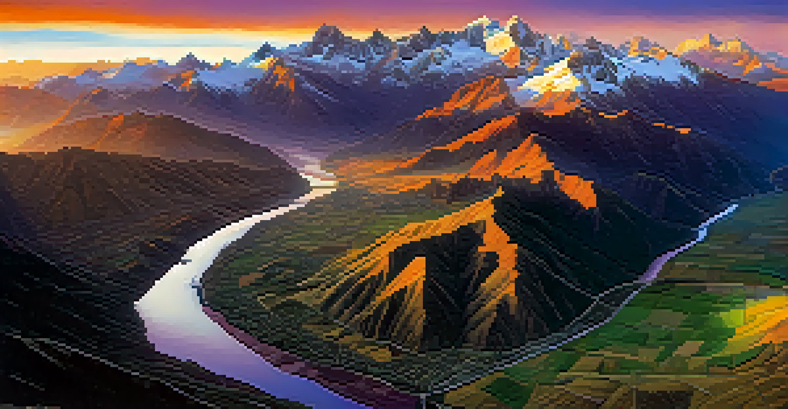 An aerial view of the Andes mountains with peaks, valleys, and traditional villages under a colorful sunset.