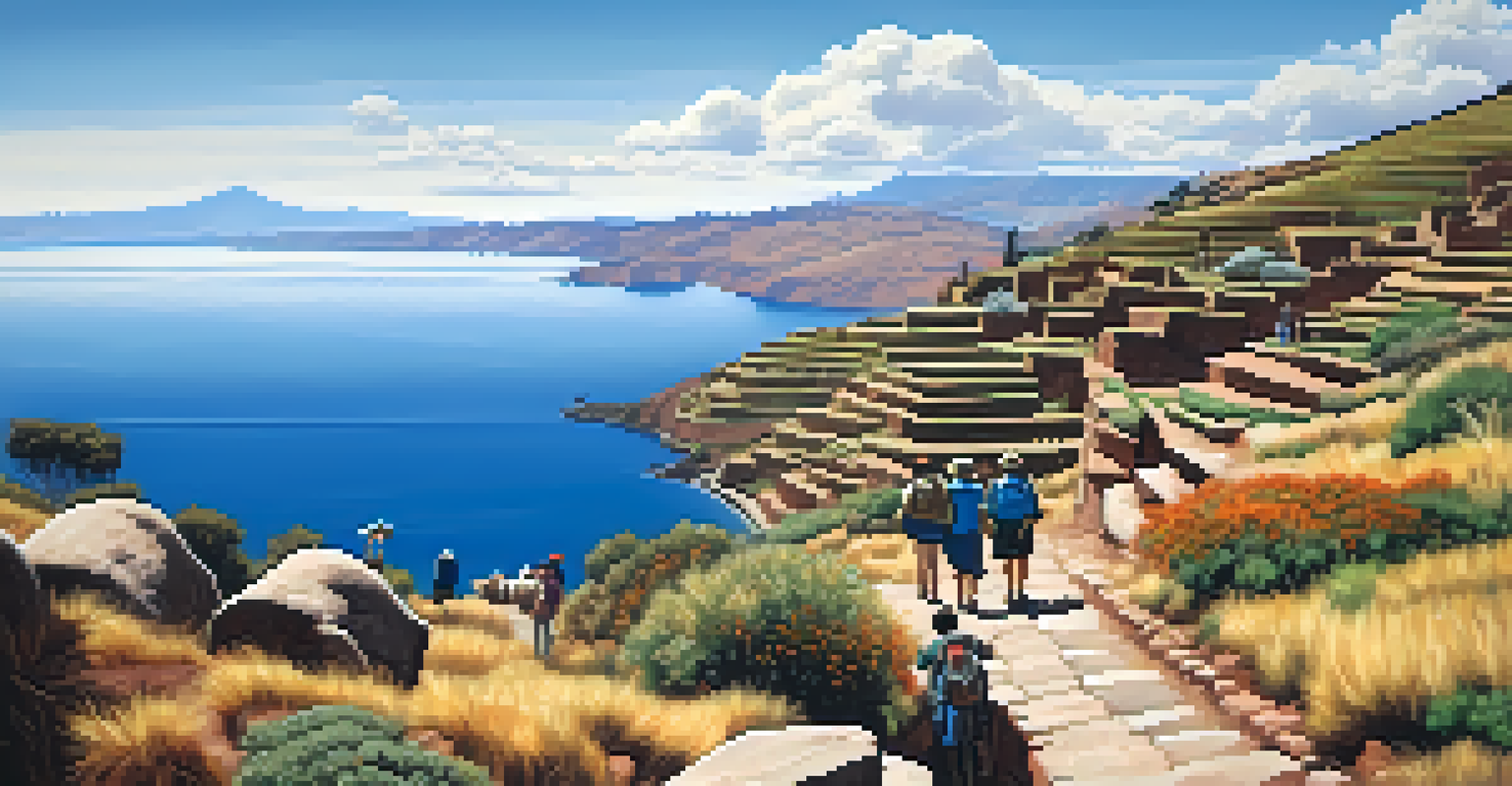 Families hiking on Taquile Island with beautiful terraced fields and Lake Titicaca in the background, surrounded by a clear blue sky.