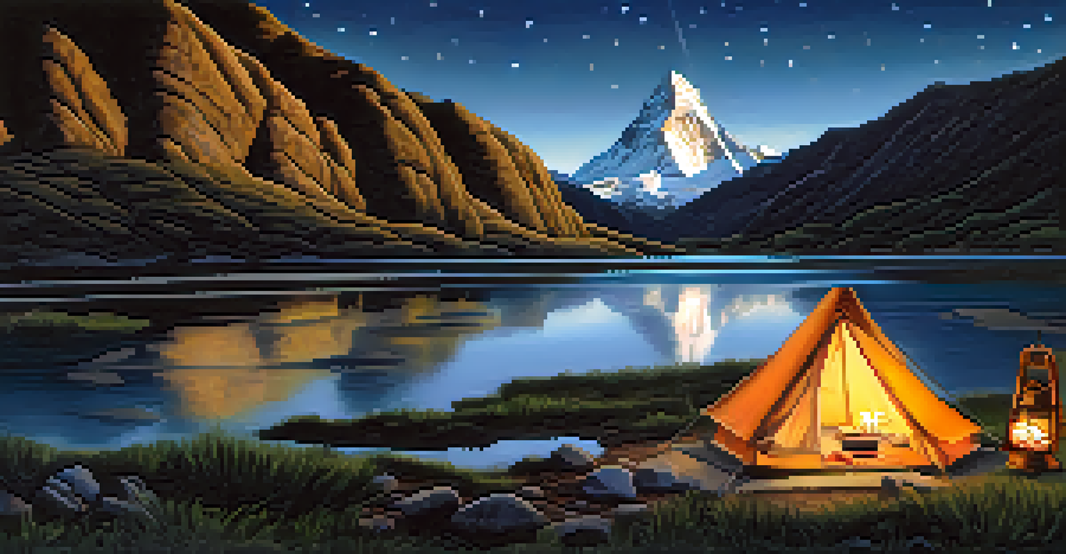 A campsite in the Peruvian highlands at twilight, featuring a tent, sandals, and a river under a starry sky.