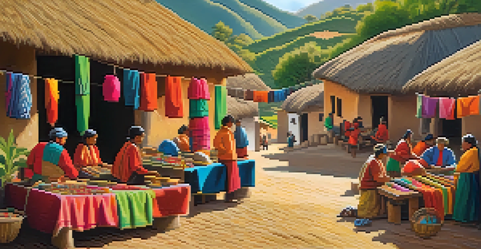 A lively village in Peru with artisans creating handmade crafts, colorful textiles, and traditional adobe houses under bright sunlight.