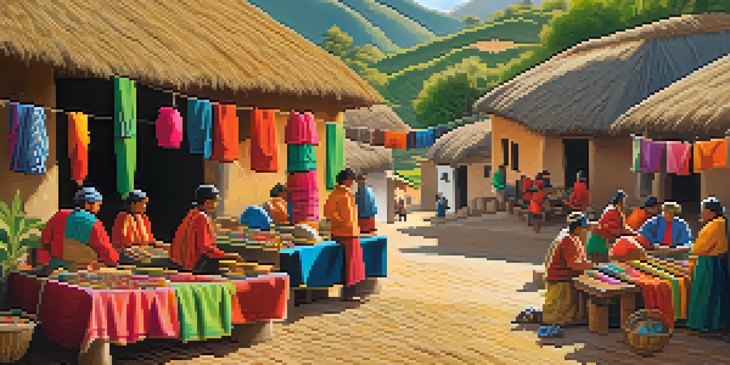 A lively village in Peru with artisans creating handmade crafts, colorful textiles, and traditional adobe houses under bright sunlight.