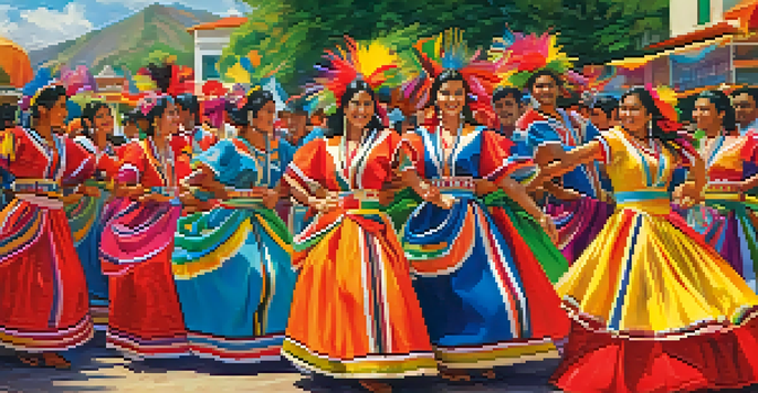 Traditional Peruvian dancers in colorful costumes performing the Marinera dance at a vibrant festival, with lush greenery and festive decorations in the background.