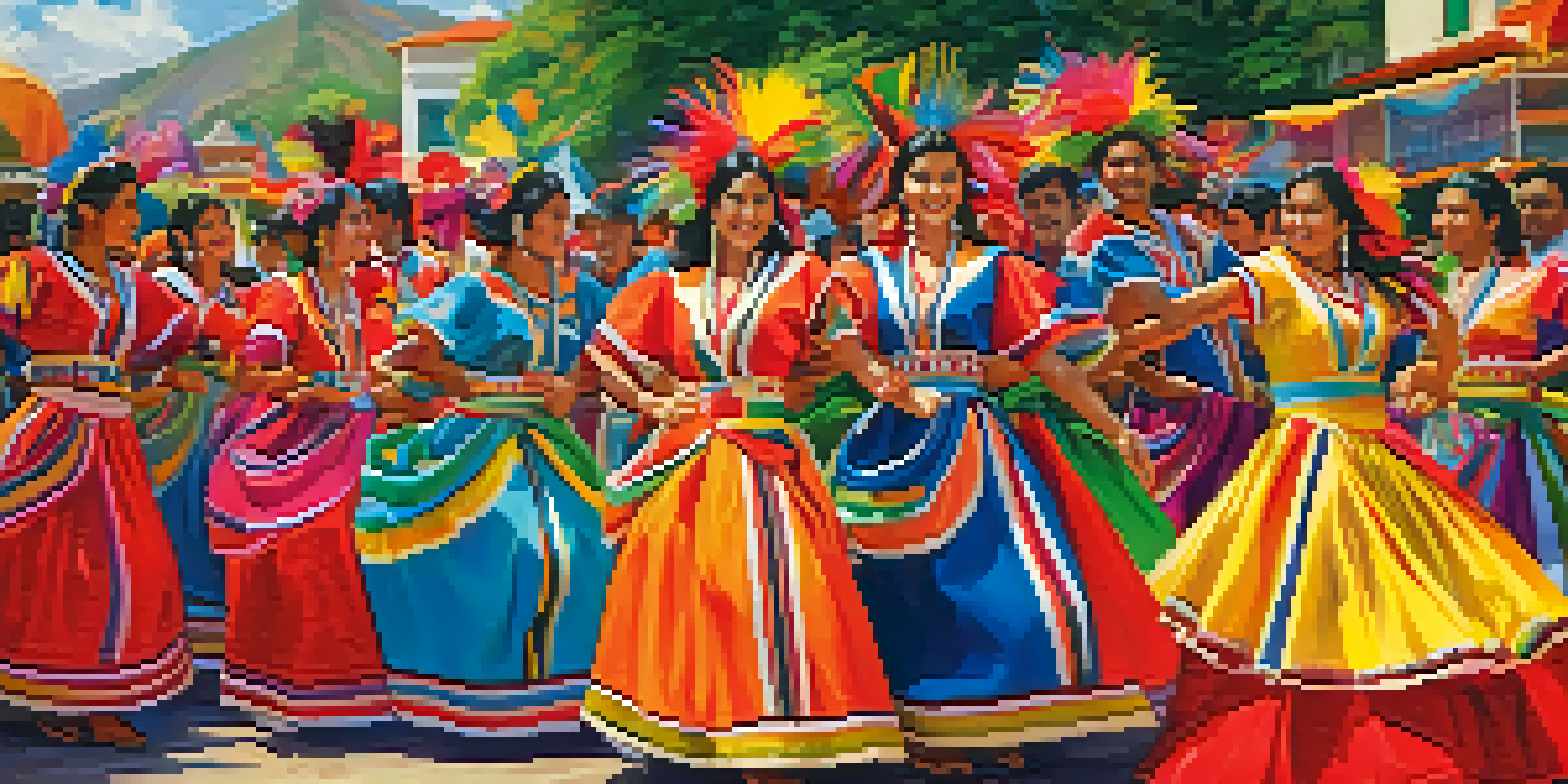 Traditional Peruvian dancers in colorful costumes performing the Marinera dance at a vibrant festival, with lush greenery and festive decorations in the background.