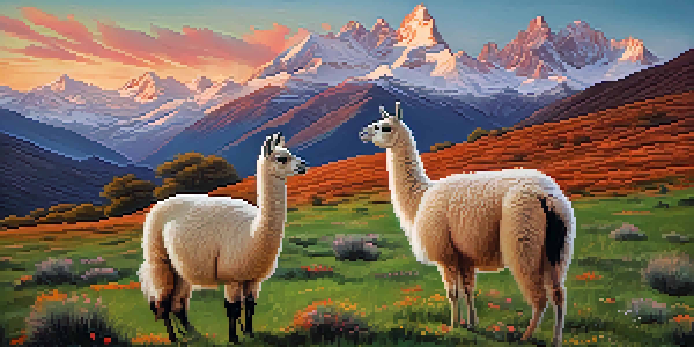 A picturesque landscape of the Andes Mountains at sunrise, featuring snow-capped peaks and a green valley with llamas.