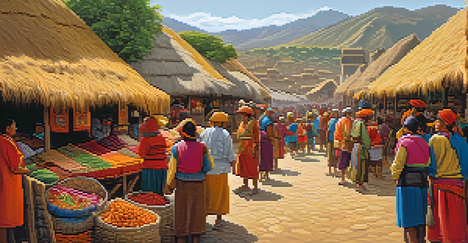 A lively Inca market scene with traders exchanging textiles and agricultural products.