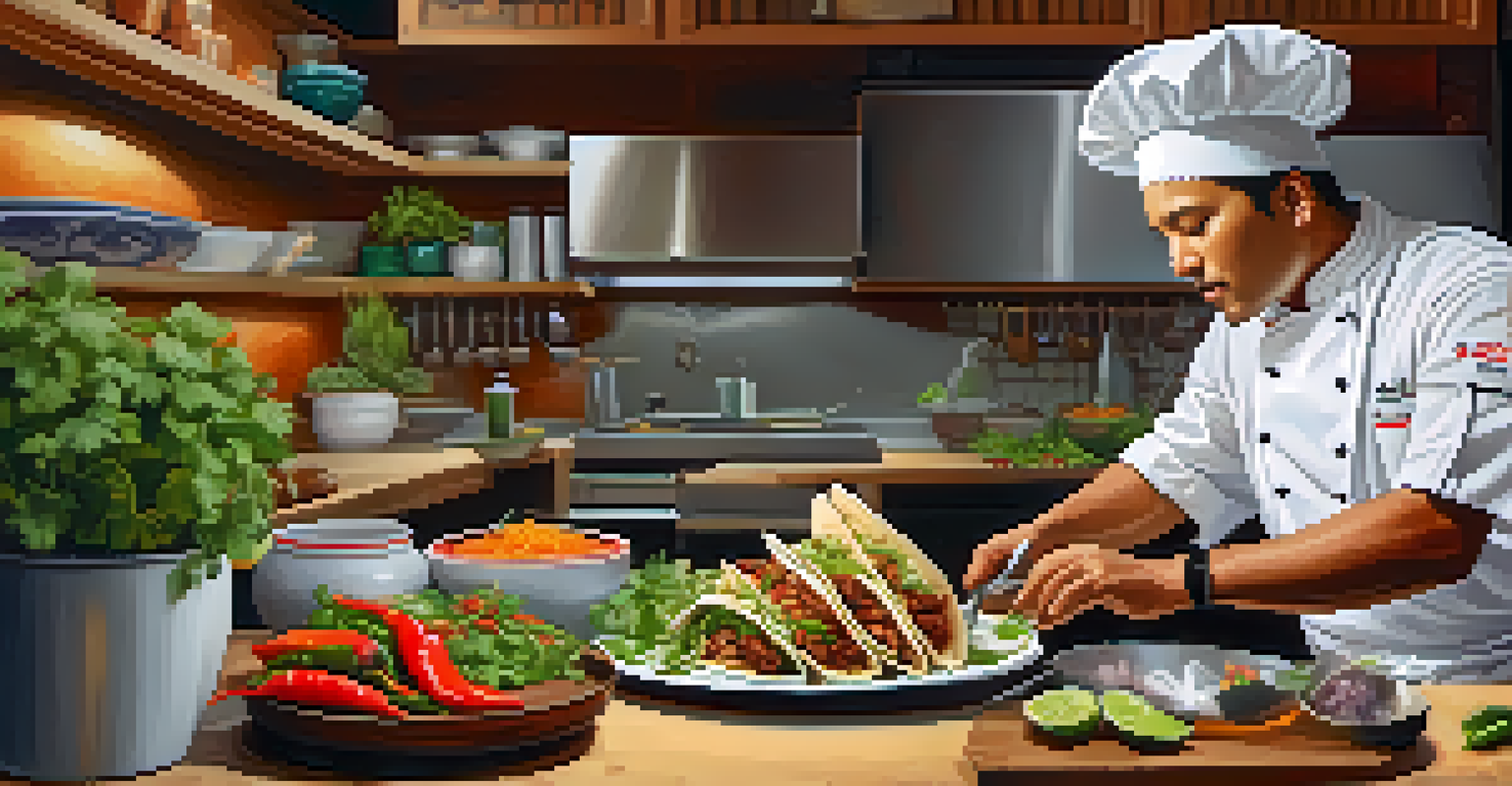 A chef preparing fusion tacos in a cozy kitchen, surrounded by fresh Peruvian ingredients.