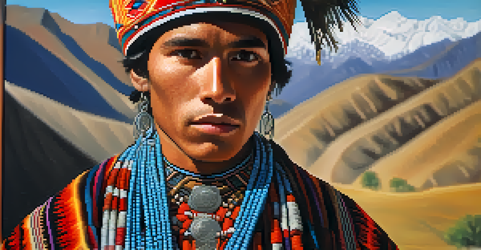 A portrait of a young indigenous man in traditional Andean clothing with mountains in the background.