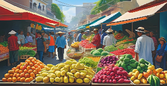 A bustling Peruvian market with colorful fruits and vegetables, sunlight filtering through the stalls, and locals interacting.