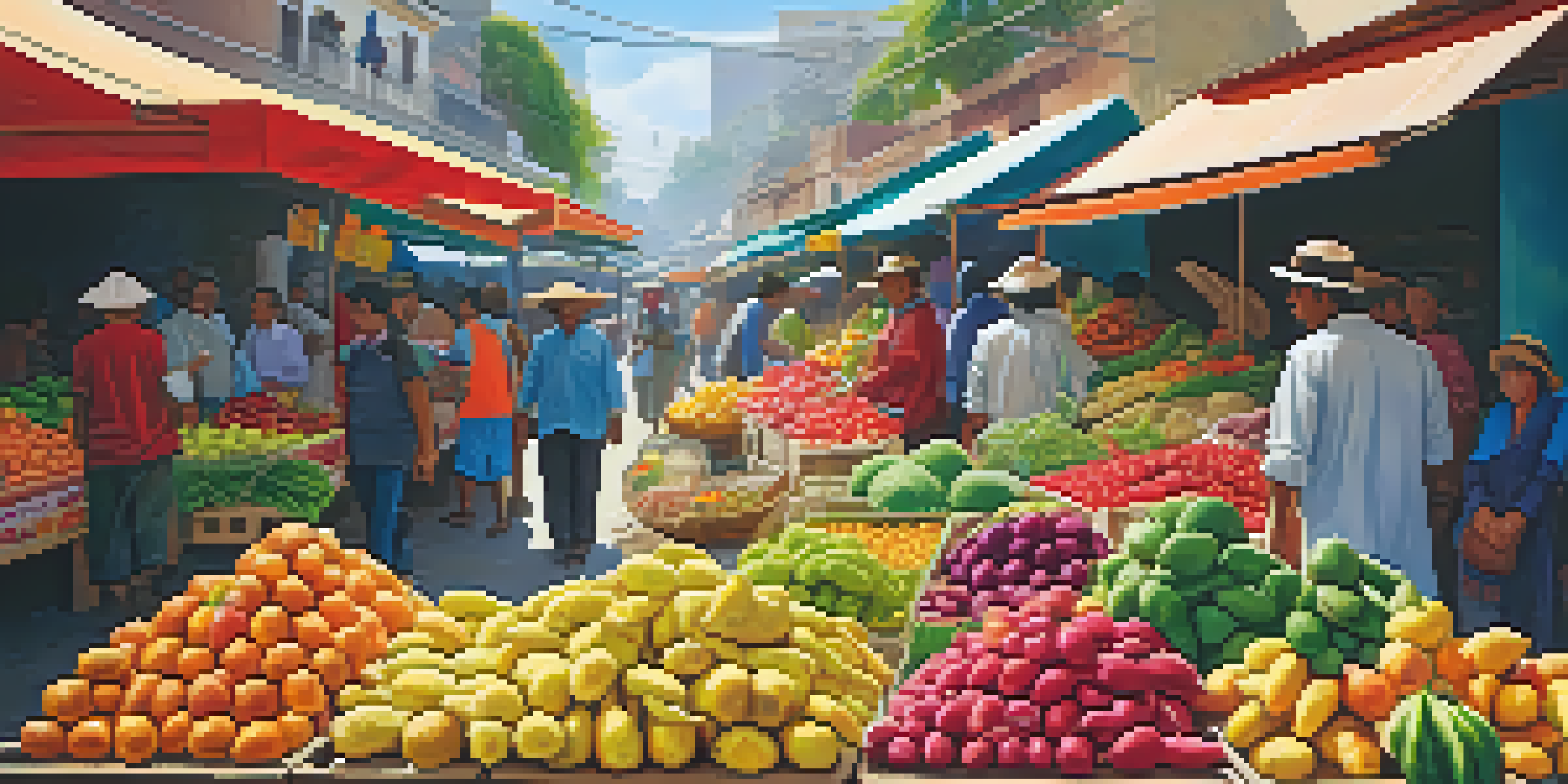 A bustling Peruvian market with colorful fruits and vegetables, sunlight filtering through the stalls, and locals interacting.