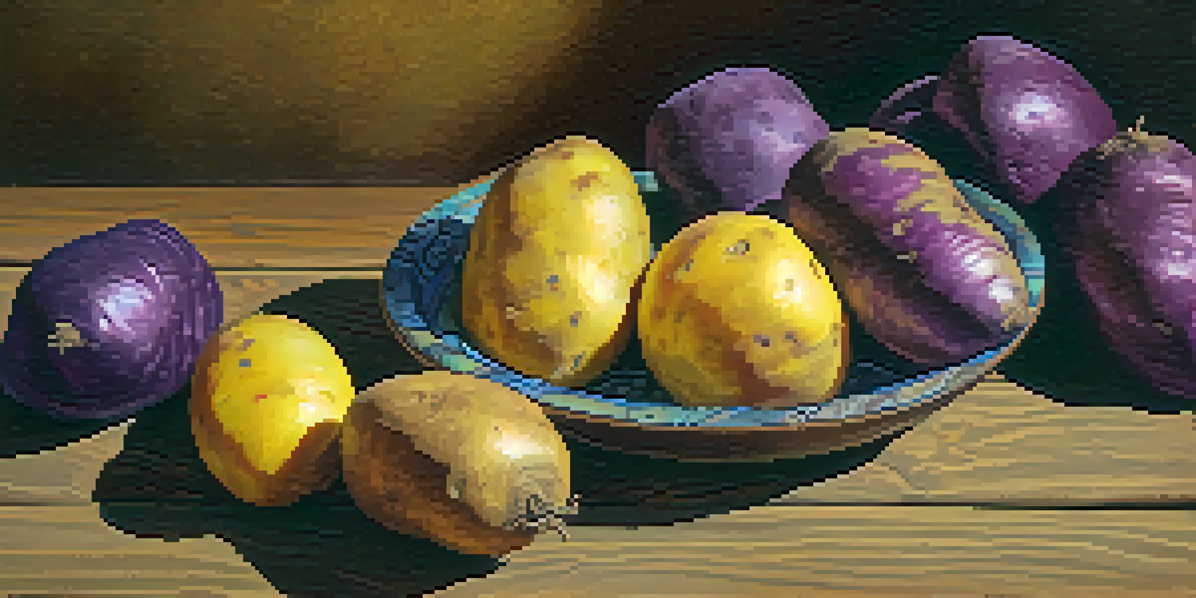 An array of colorful Peruvian potatoes on a wooden table, with natural lighting and a traditional textile in the background.