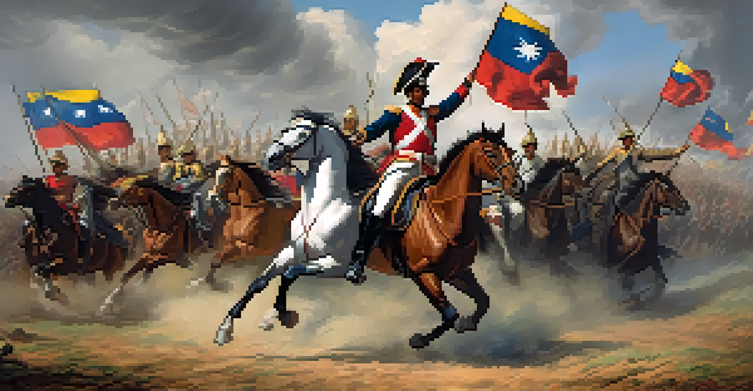 Simón Bolívar leads his troops into battle on horseback, with flags and a dramatic sky in the background.
