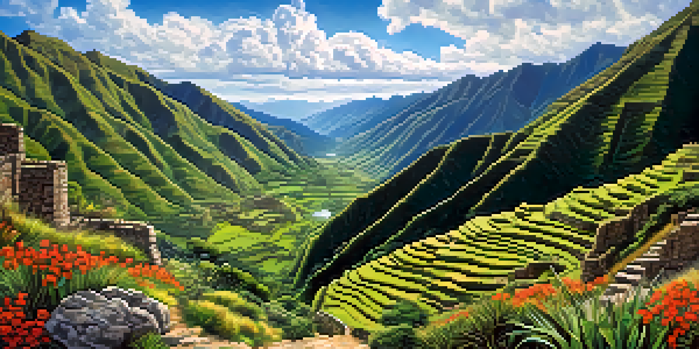 A scenic view of the Inca Trail with lush mountains, clear skies, and ancient ruins.