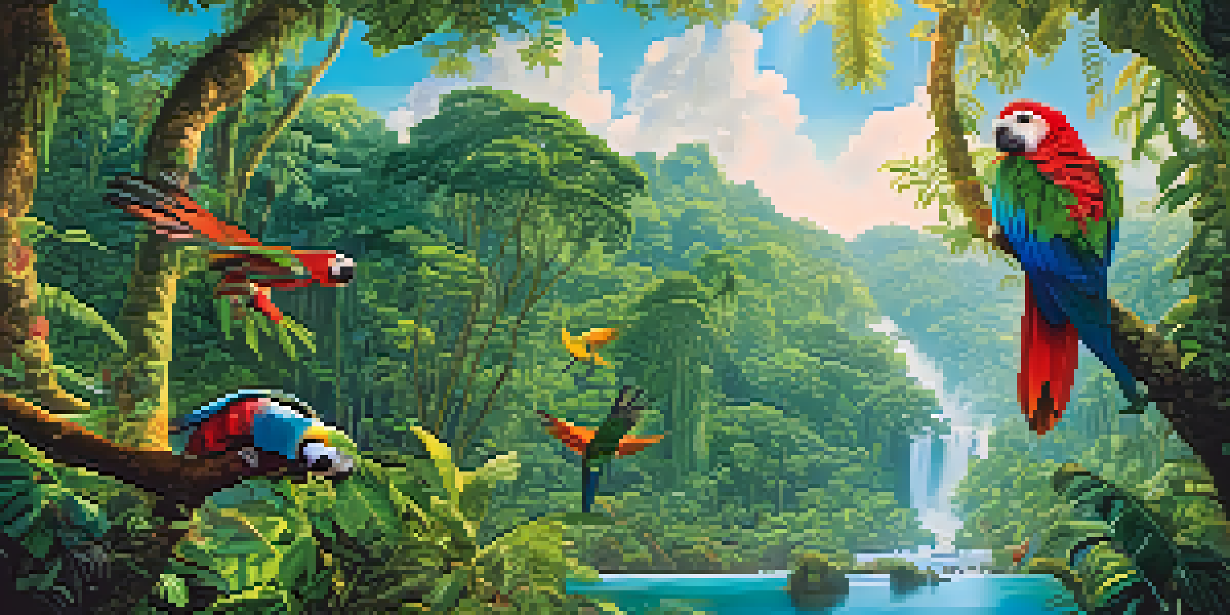 A colorful depiction of the Amazon rainforest with tall trees, bright blue sky, and wildlife including parrots and a sloth.