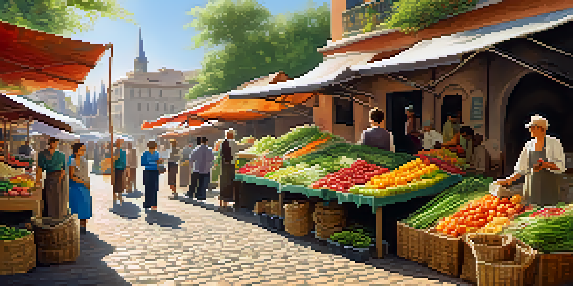 A lively market filled with colorful stalls and people interacting, highlighting fresh produce and artisanal goods.