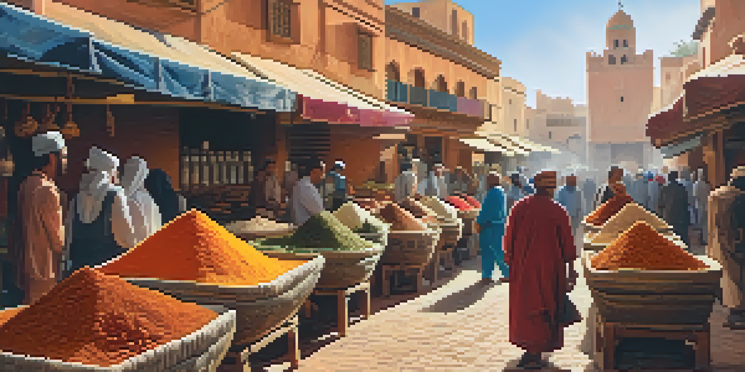 A lively Moroccan market filled with colorful spices and local vendors in traditional attire, under warm sunlight.