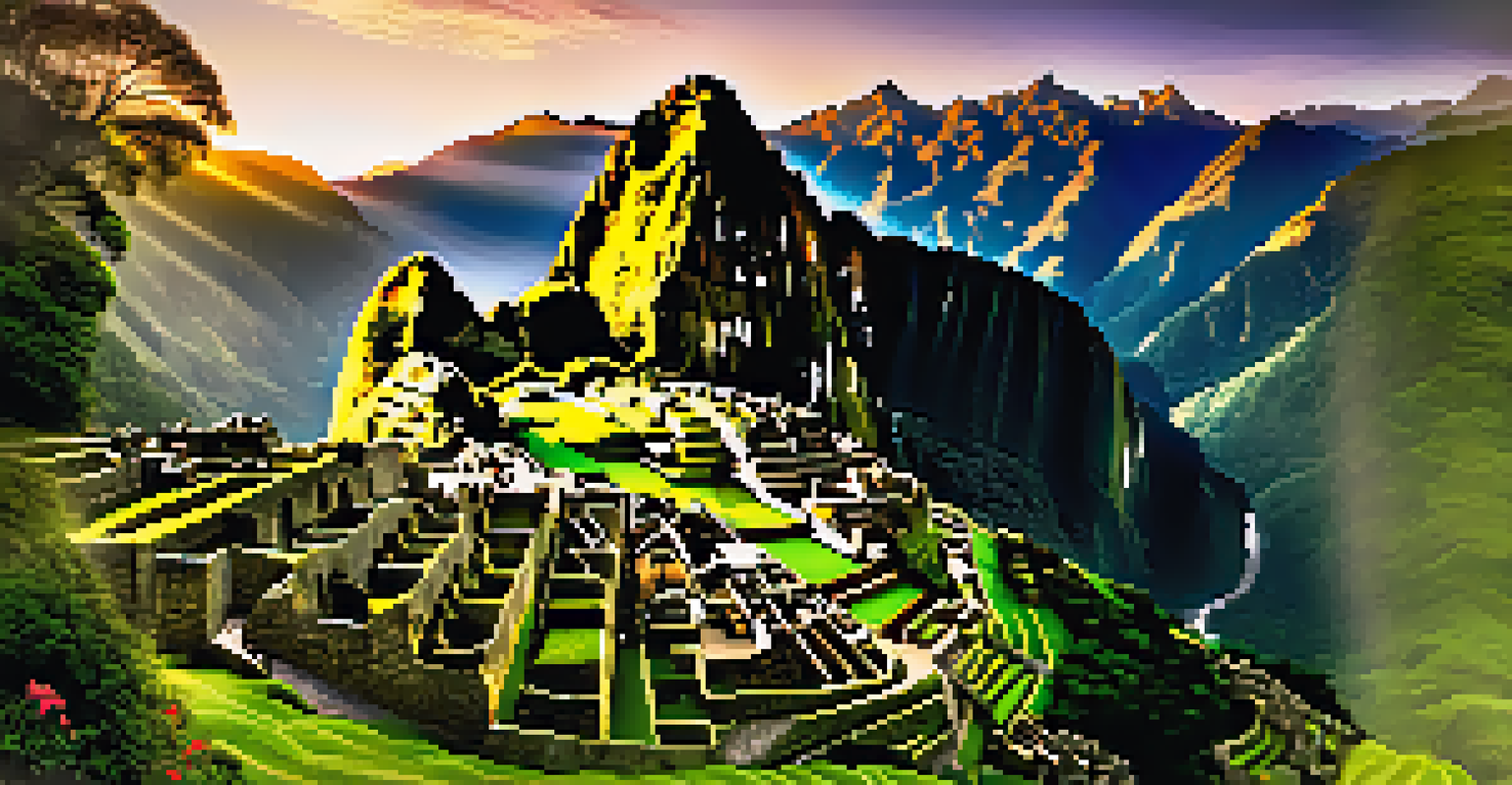 A panoramic view of Machu Picchu at sunrise, showcasing ancient stone structures and terraced fields with misty mountains in the background.