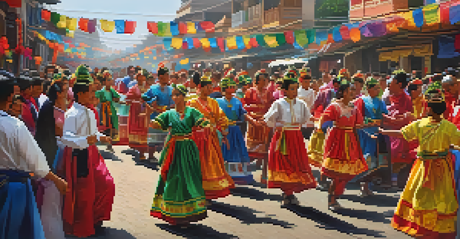 A festive scene of a cultural parade with traditional costumes, decorations, and a joyful crowd.