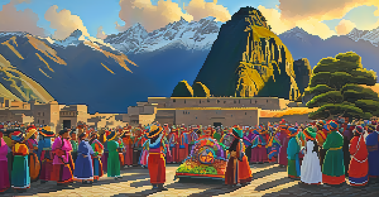 A festival scene at Qorikancha, with locals in colorful attire performing rituals against the backdrop of the temple at sunset.