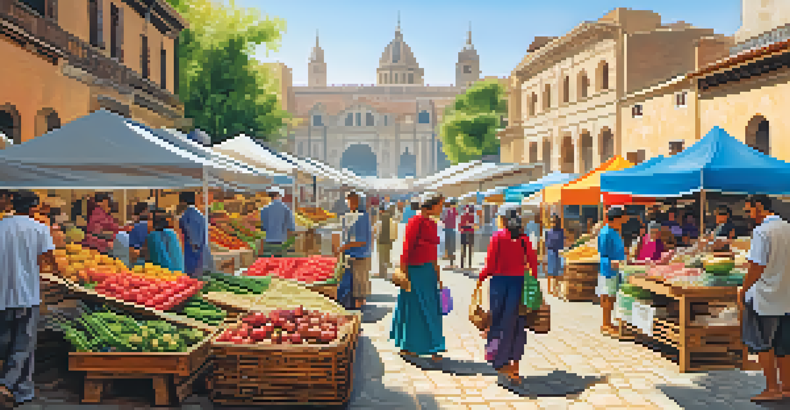 A lively market with artisans and colorful stalls, filled with crafts and fresh produce.