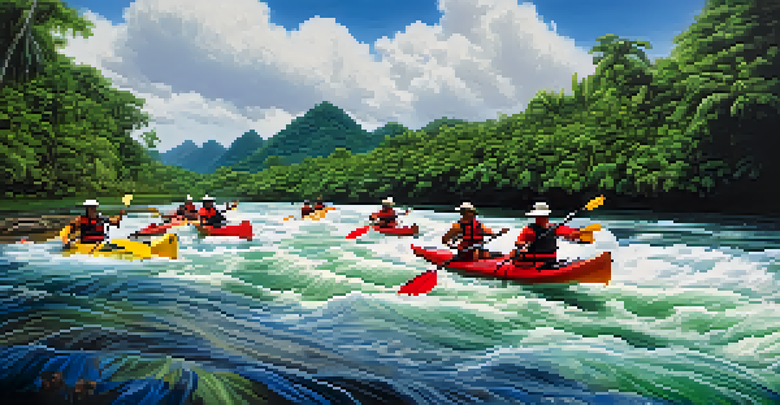 A group of adventure racers kayaking on a river in the Peruvian Amazon, surrounded by lush greenery.
