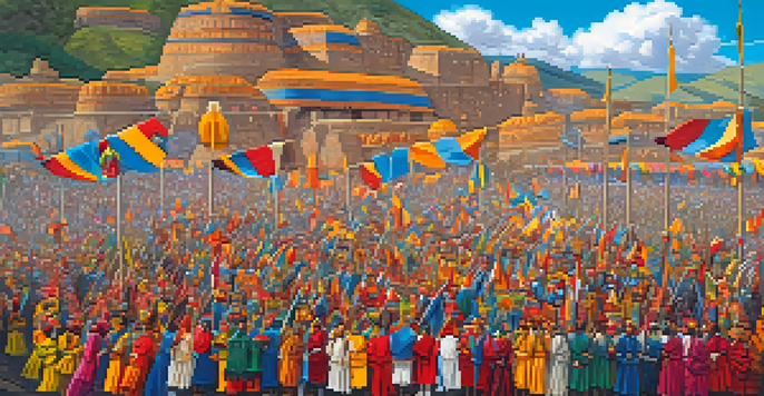 Participants in colorful traditional costumes celebrate the Inti Raymi festival in Cusco, Peru, with Sacsayhuamán in the background.