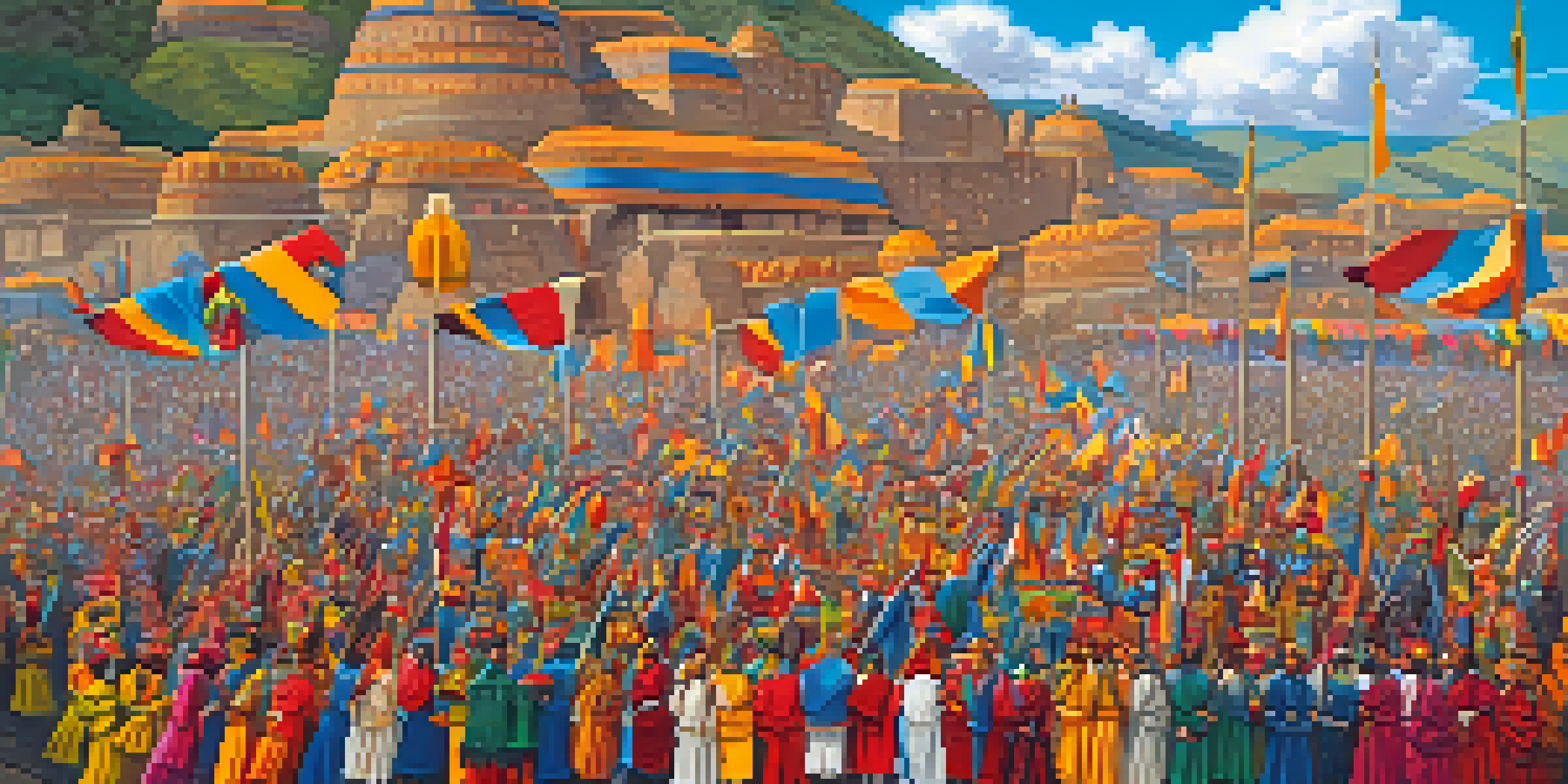 Participants in colorful traditional costumes celebrate the Inti Raymi festival in Cusco, Peru, with Sacsayhuamán in the background.