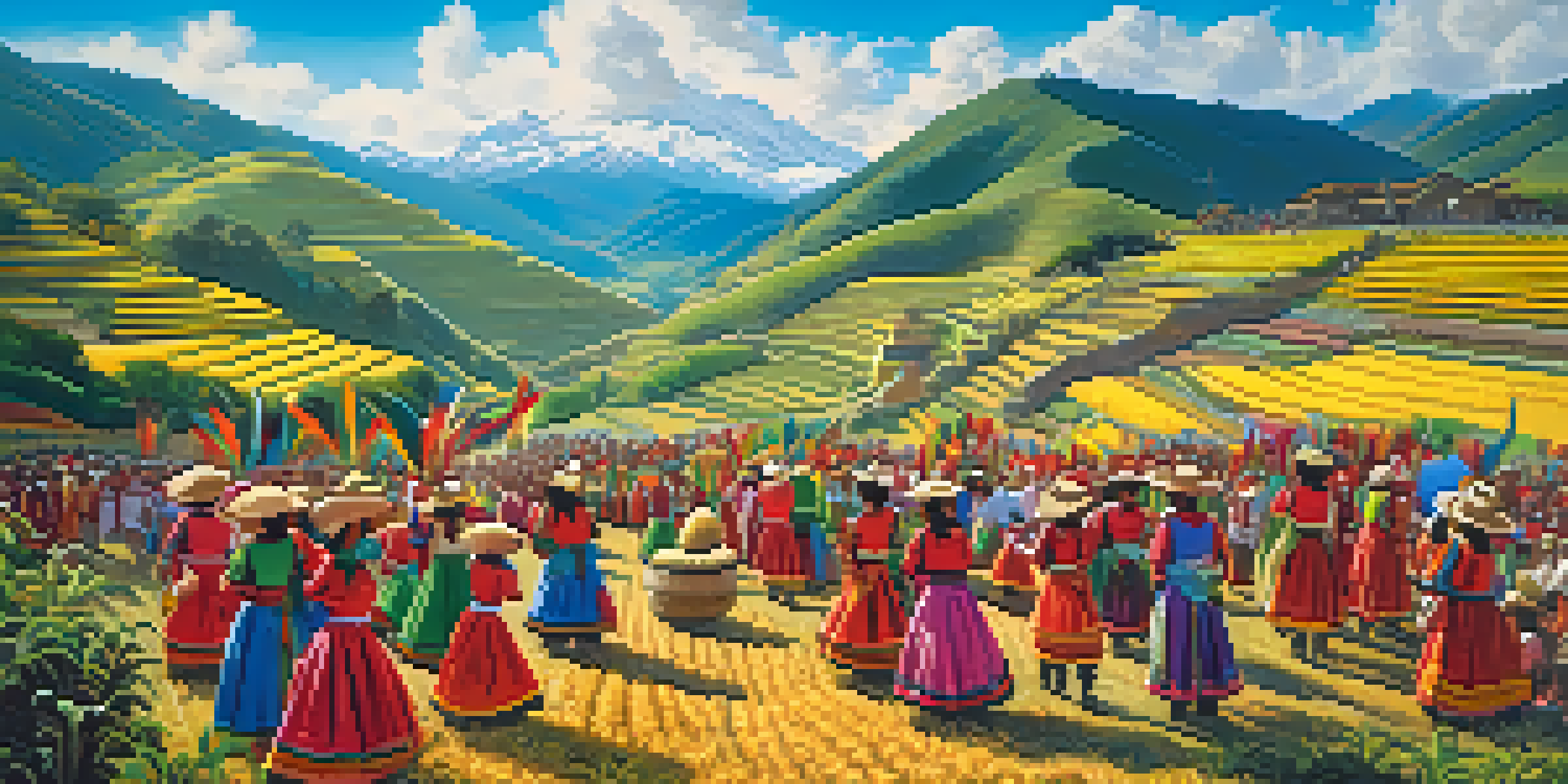 A lively Andean festival with people in traditional costumes dancing amidst terraced fields and colorful decorations of maize and potatoes.