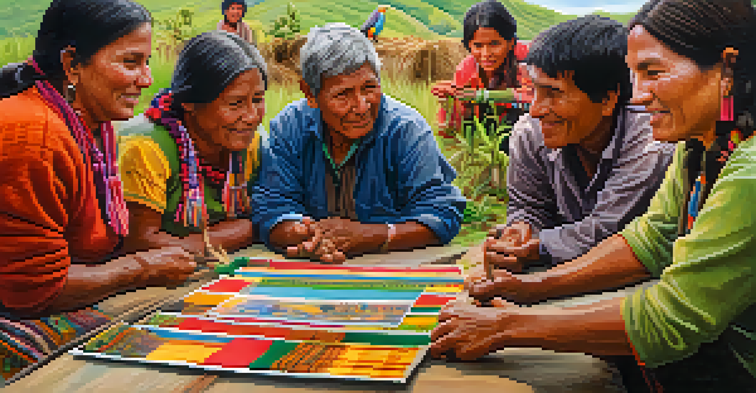 A community workshop in a Peruvian village focused on biodiversity conservation, with locals discussing sustainable practices around a table.