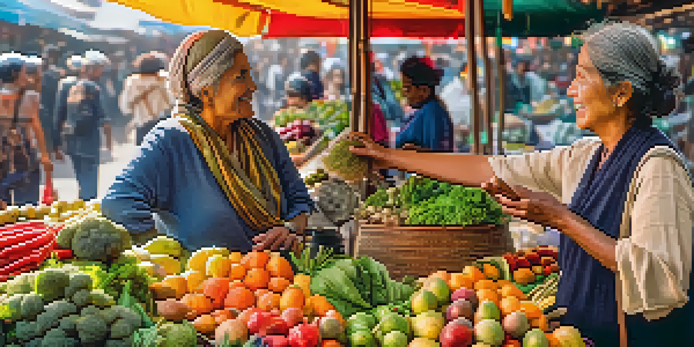 A travel photographer engaging with a local vendor in a colorful market, capturing a moment of consent.
