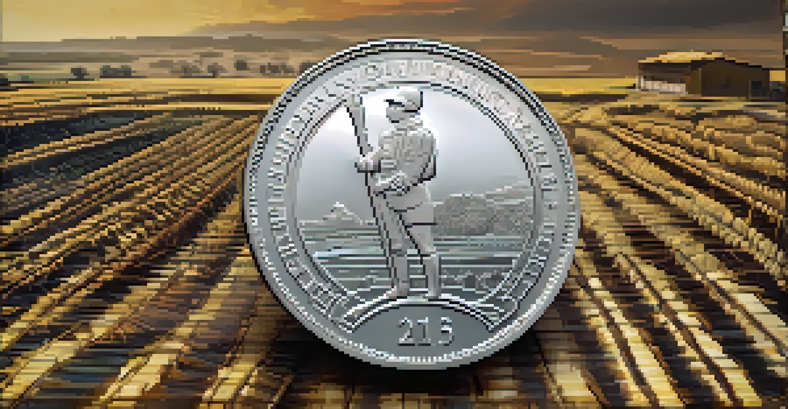 Close-up of a vintage Peruvian coin from the 1950s against a backdrop of agricultural fields and factories, highlighting economic themes.