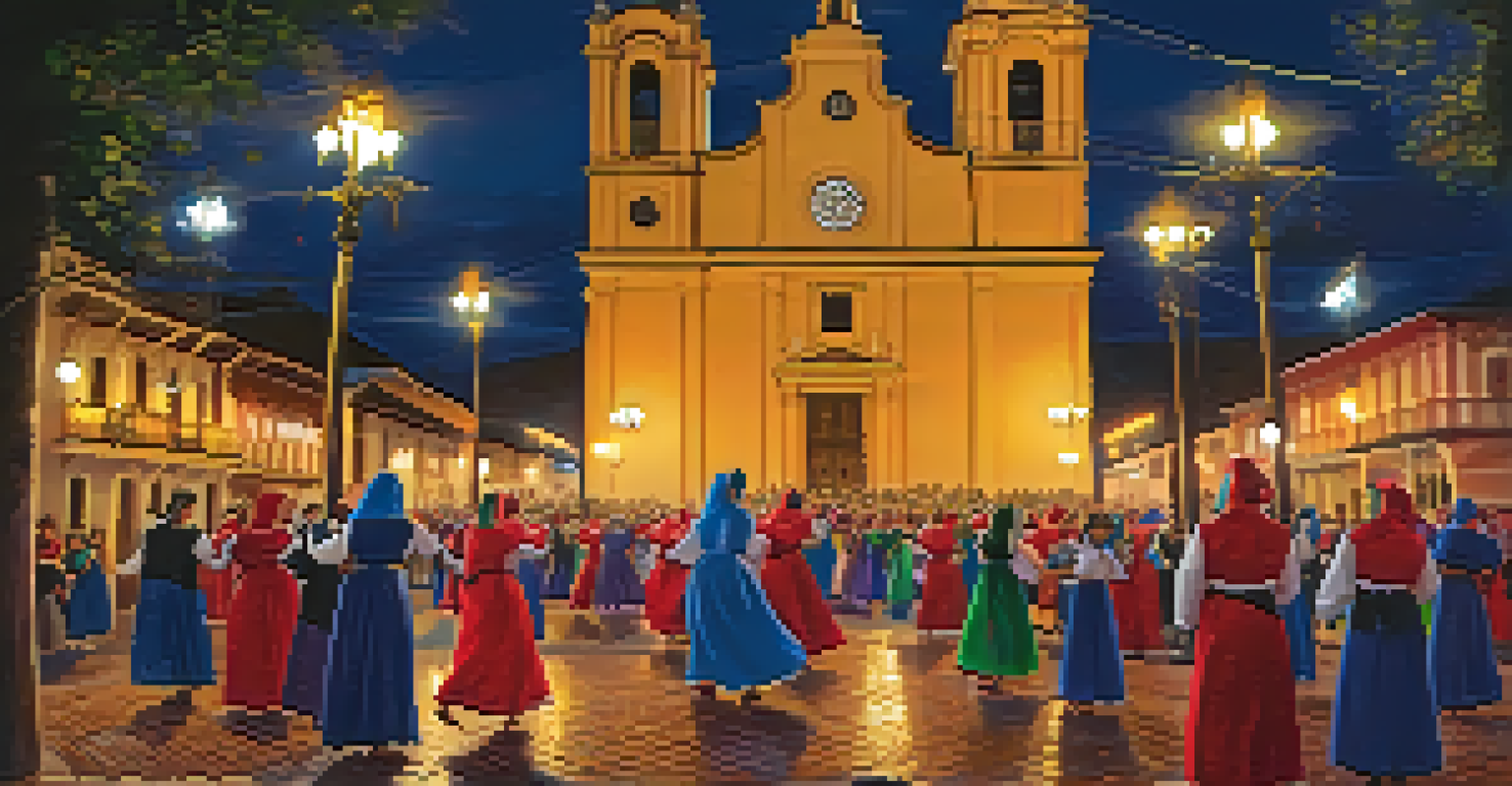 Families performing traditional dances at the Festival of the Virgin of Candelaria at night, with colorful lanterns and a historic church in the background.