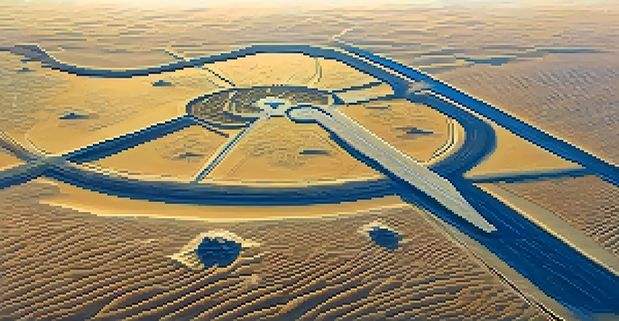 Aerial view of the Nazca Lines in Peru, with intricate designs etched into the desert, illuminated by a sunset.