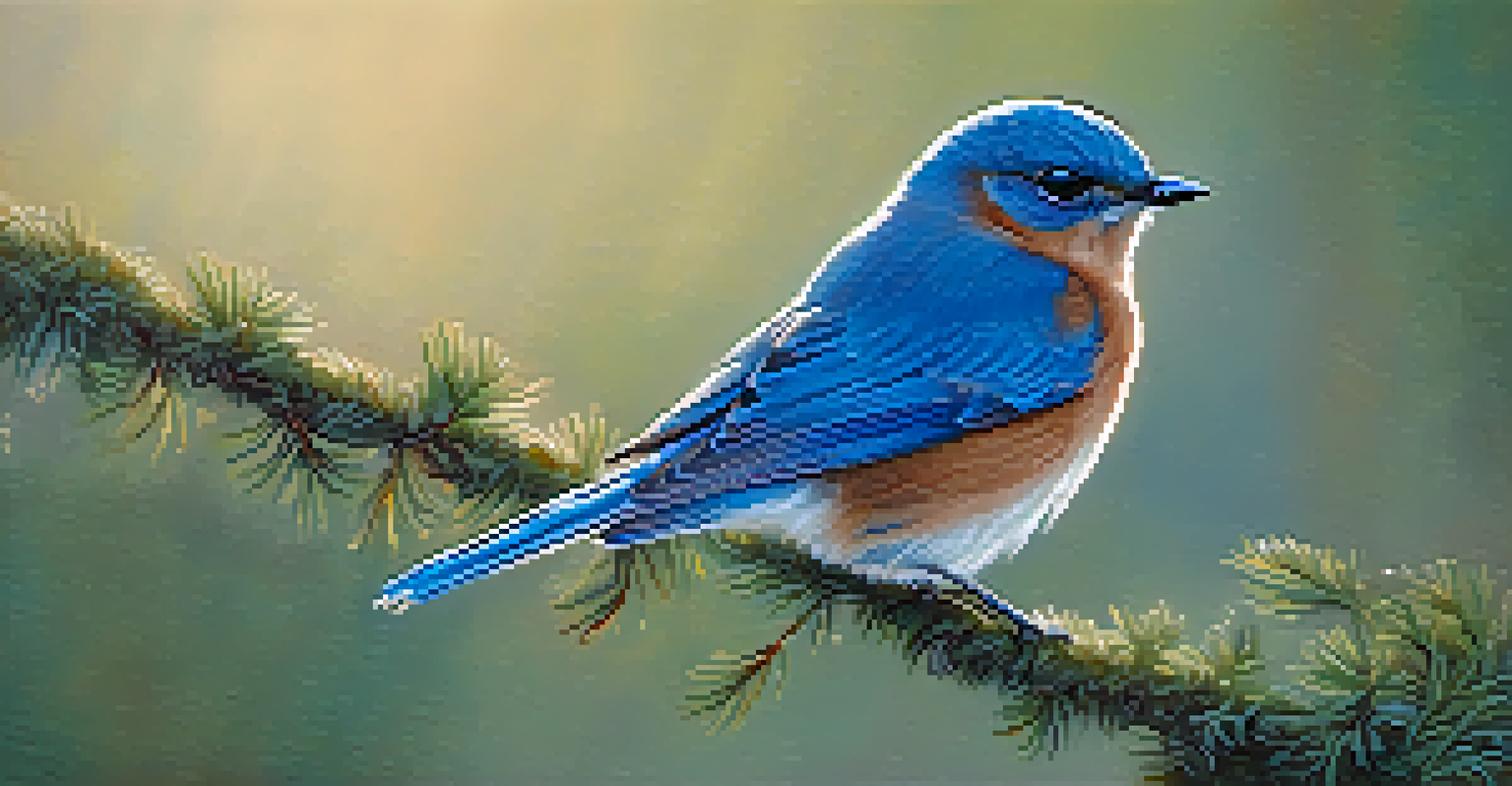 A close-up of a vibrant bluebird on a branch in soft morning light, with dew on its feathers and a blurred green background.