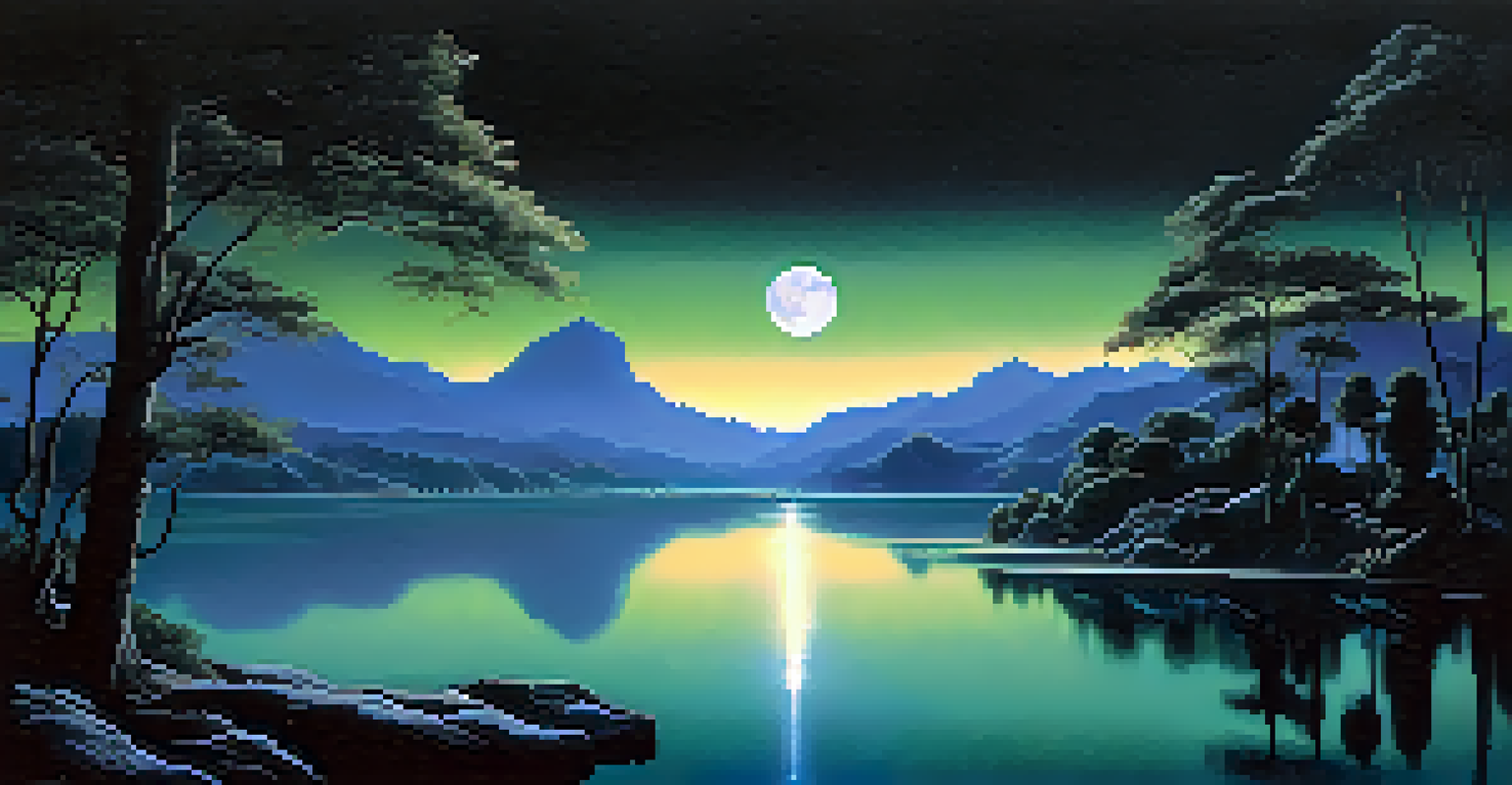 A night scene of a lagoon with moonlight and water spirits dancing on the surface, surrounded by dark trees and mountains.