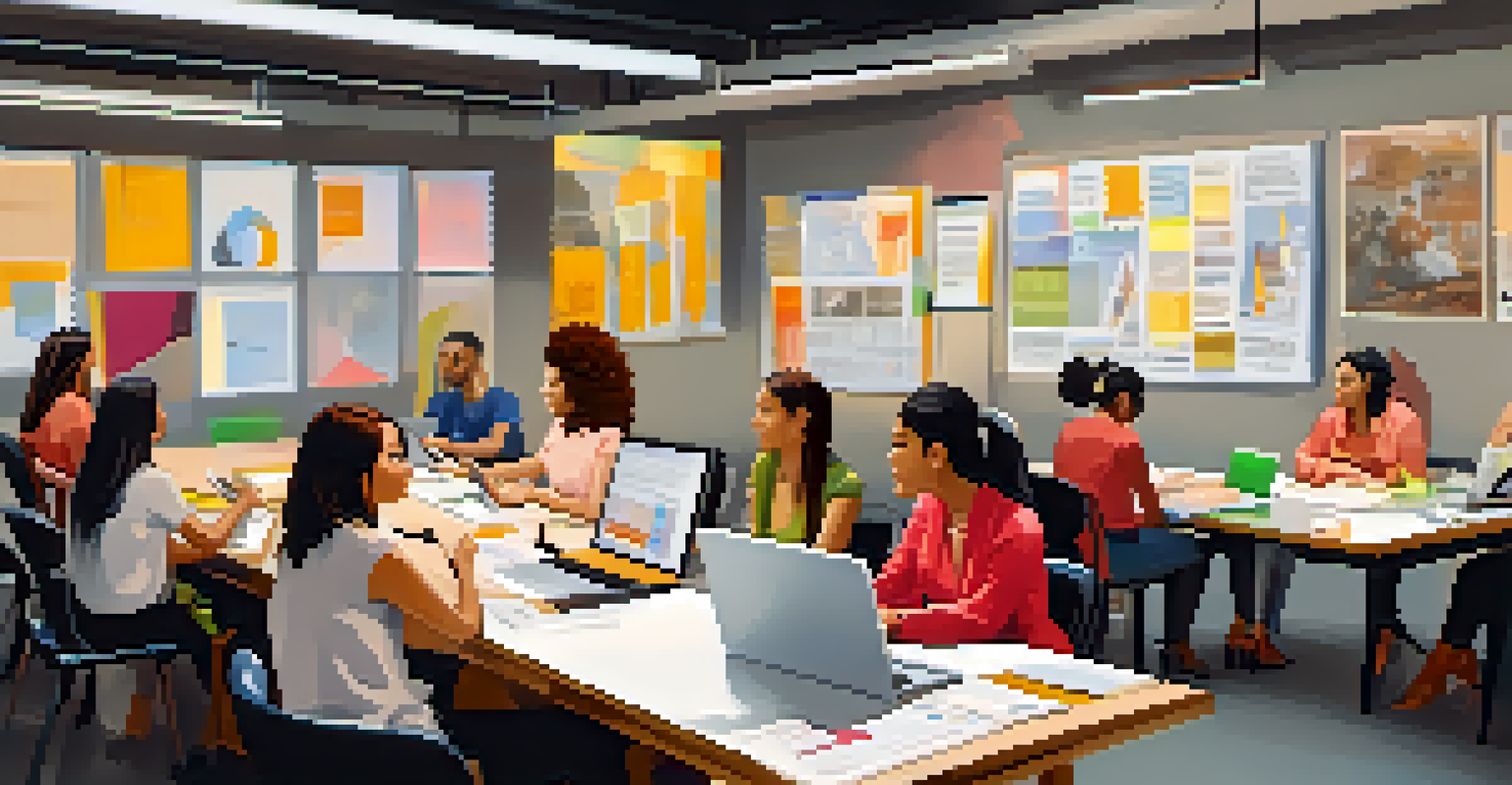 A workshop with women collaborating on business management skills, surrounded by laptops and notebooks in a bright and modern setting.