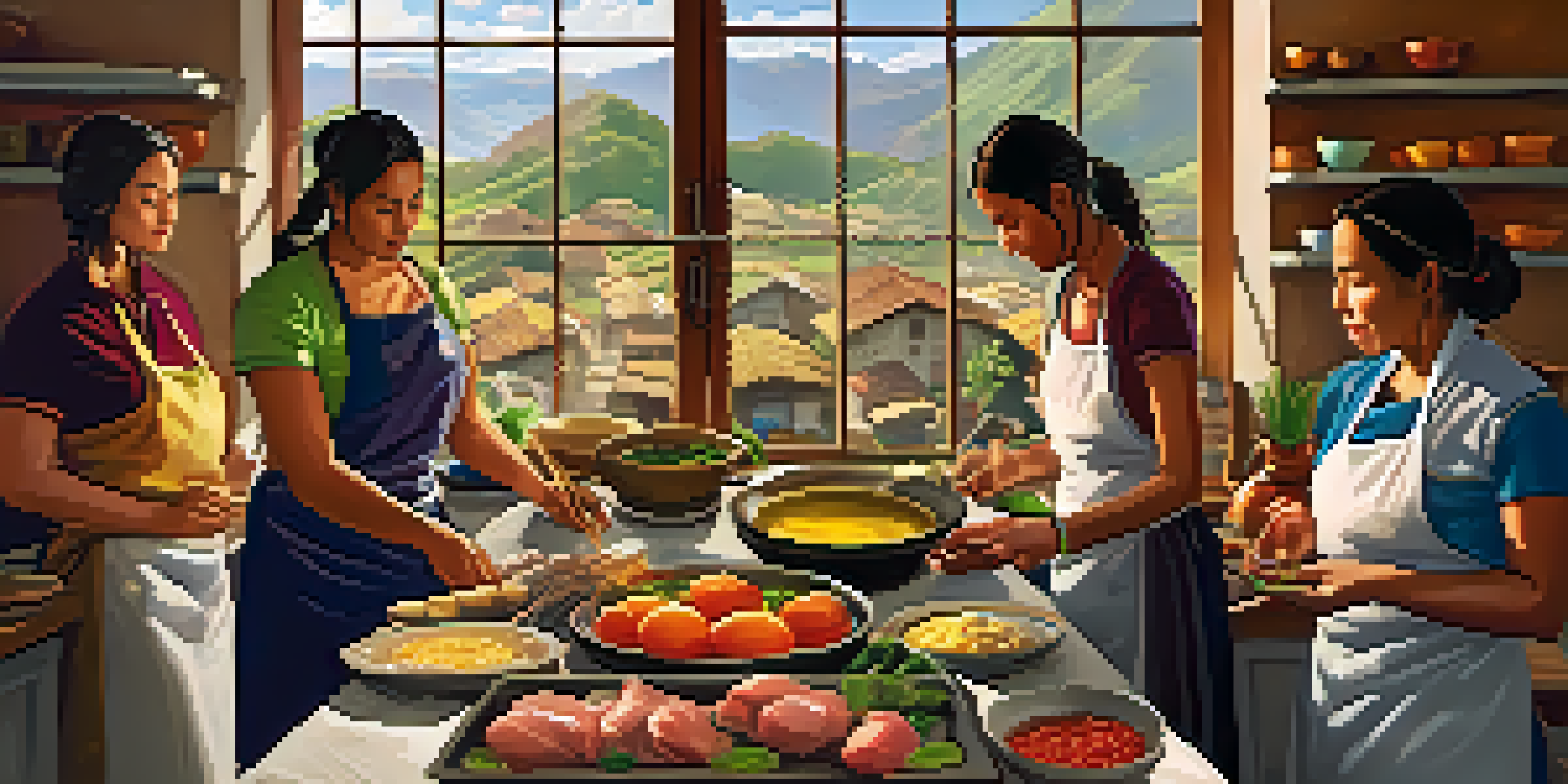 A lively cooking class in Peru with participants preparing Aji de Gallina, surrounded by fresh ingredients and natural light.