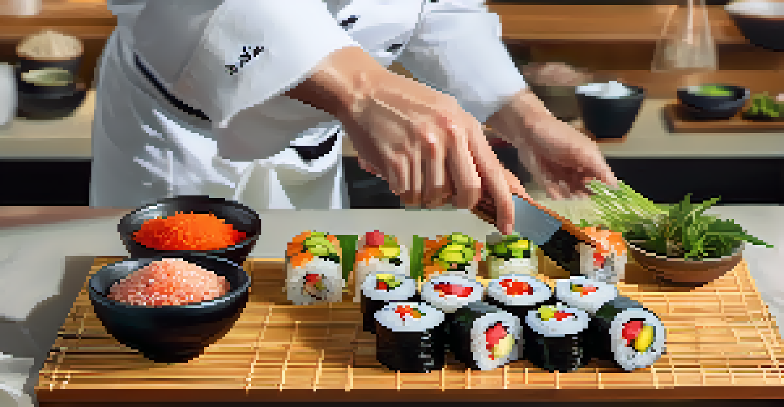 A chef preparing Sushi Criollo with quinoa and ají peppers, showcasing fresh ingredients and culinary craftsmanship.
