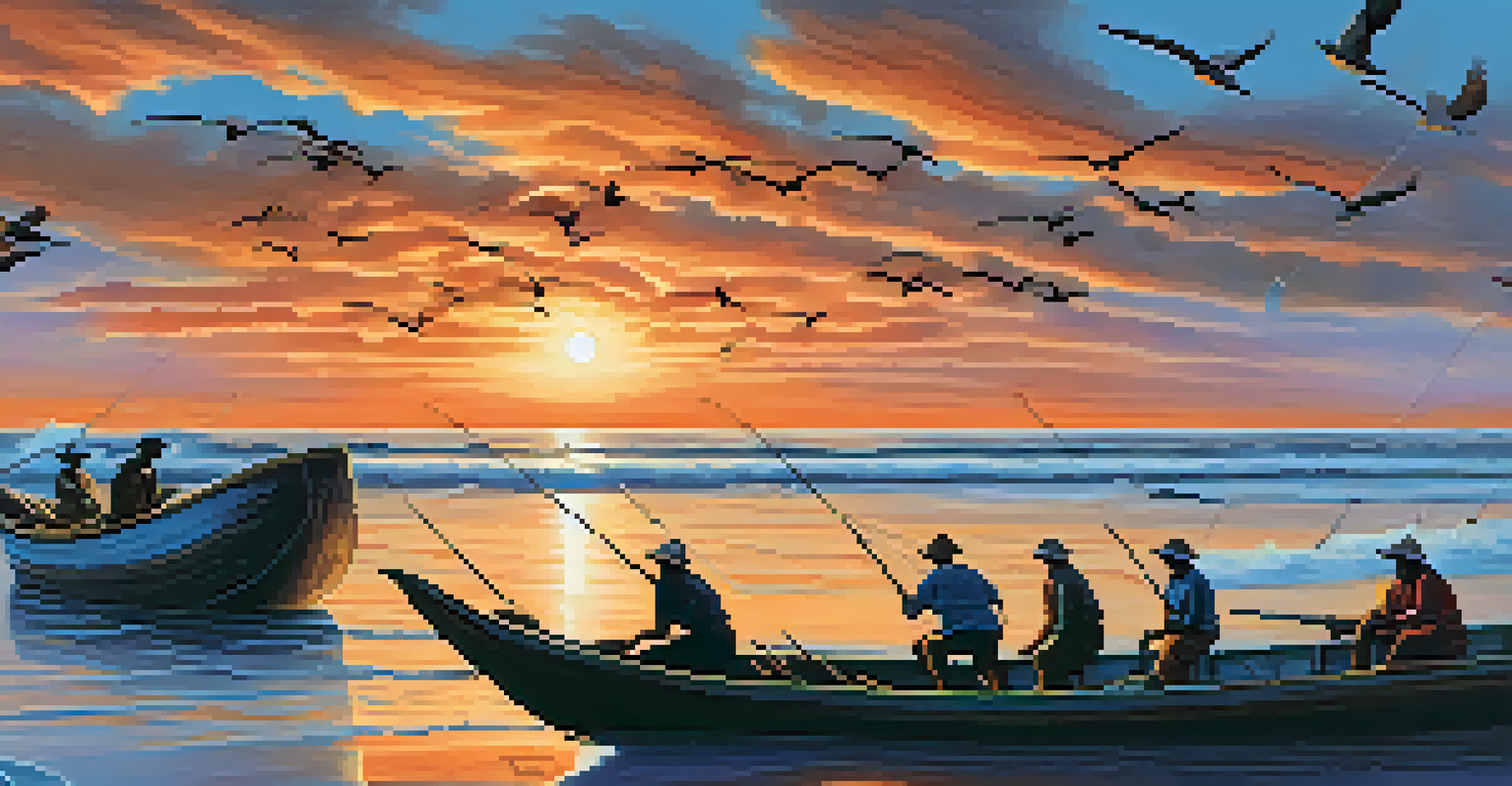 Traditional fishermen in boats at sunset, showcasing sustainable fishing practices.