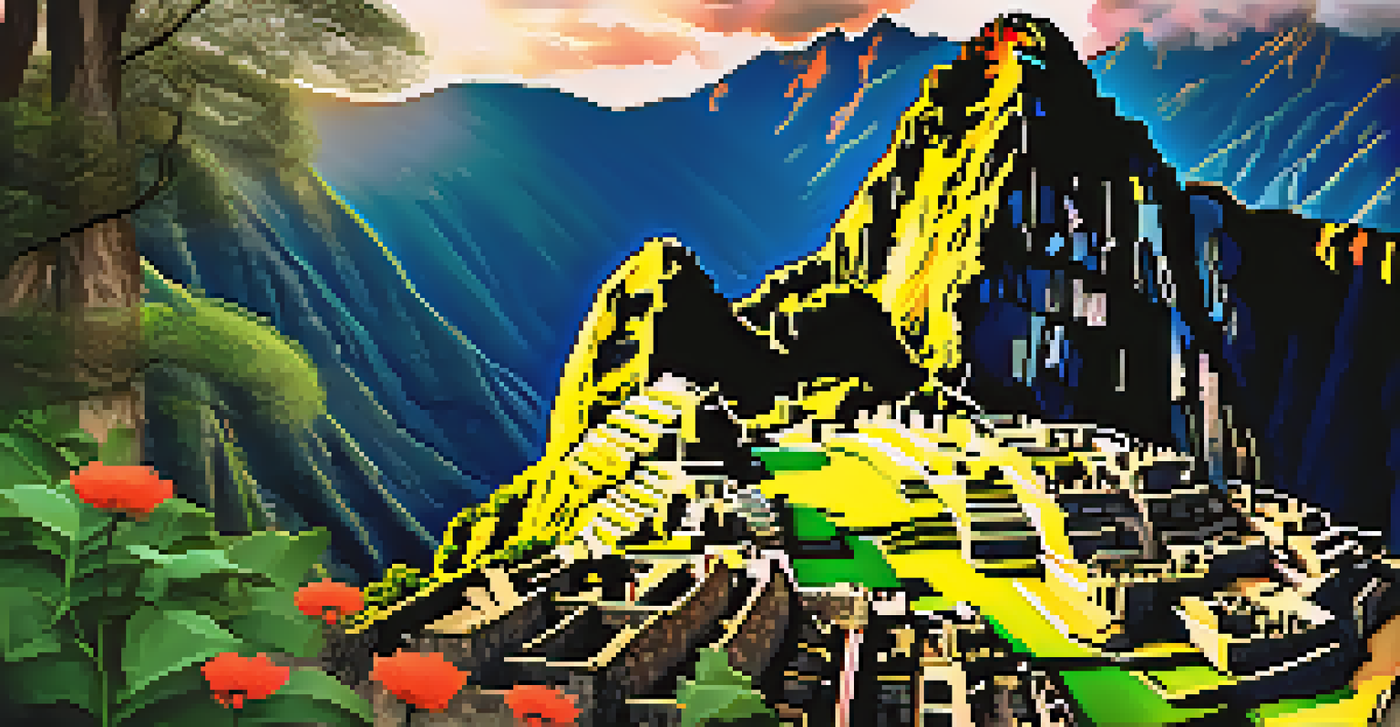 Machu Picchu at sunrise with ancient ruins illuminated by golden light and misty Andes mountains in the background.
