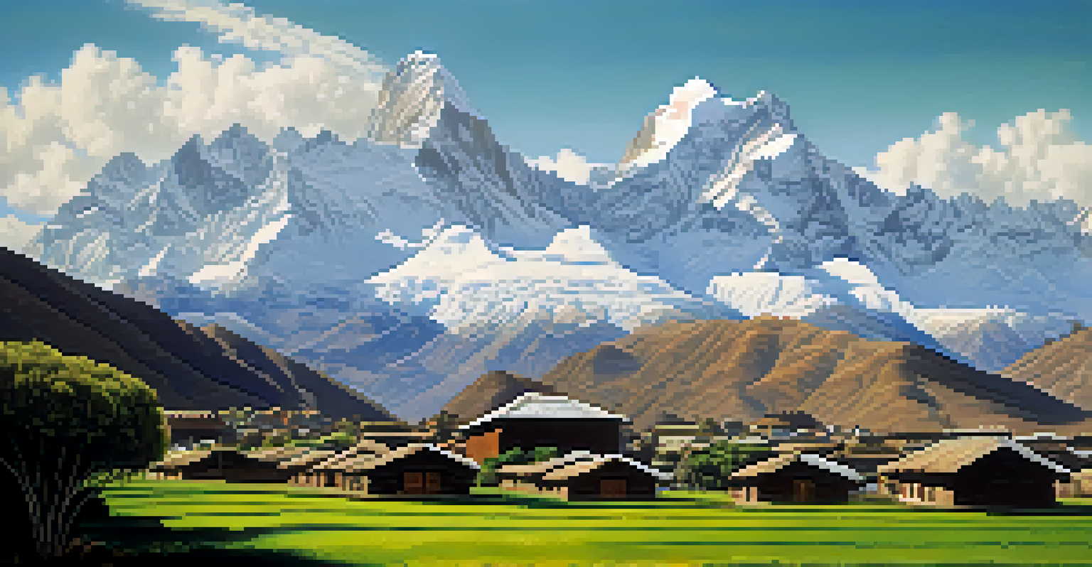 Majestic peaks of the Andes Mountains with snow, traditional Peruvian houses in the foreground, and a clear blue sky.