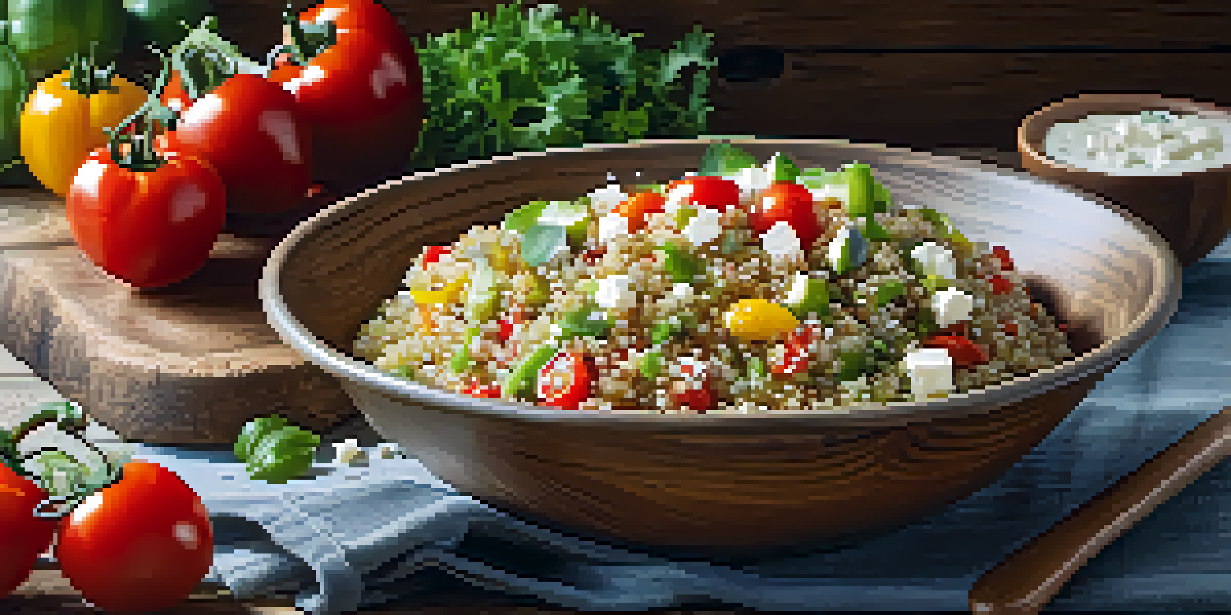 A colorful quinoa salad with fresh vegetables and feta cheese on a wooden table, illuminated by sunlight.