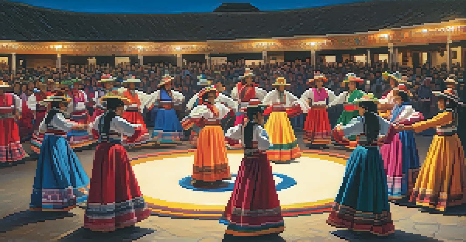 Local dancers performing a traditional Peruvian dance in colorful attire, surrounded by an audience in an open-air plaza during the evening.
