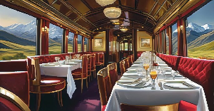 An elegant dining area inside a luxury train with rich velvet seating, large windows showing beautiful landscapes, and gourmet food on the table.